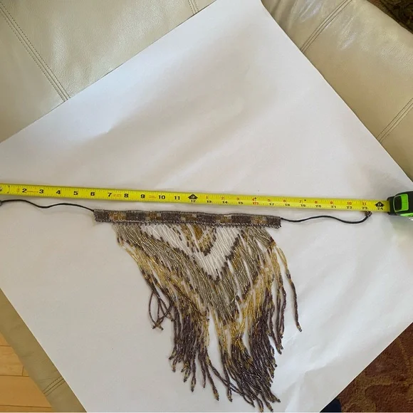 Handmade Beaded Fringe Statement Necklace in Brown and Gold - Picture 7 of 8